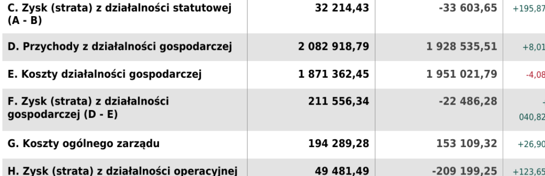 RZiS Fundacji: przychody z działalności gospodarczej w 2023 i 2024 r.