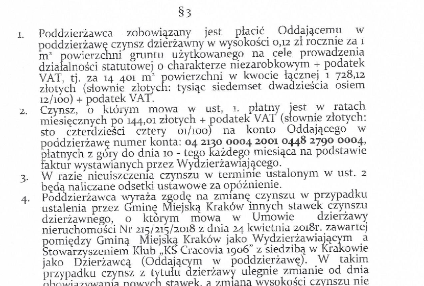 Fragment §3 umowy poddzierżawy z czynszem 144,01 zł miesięcznie